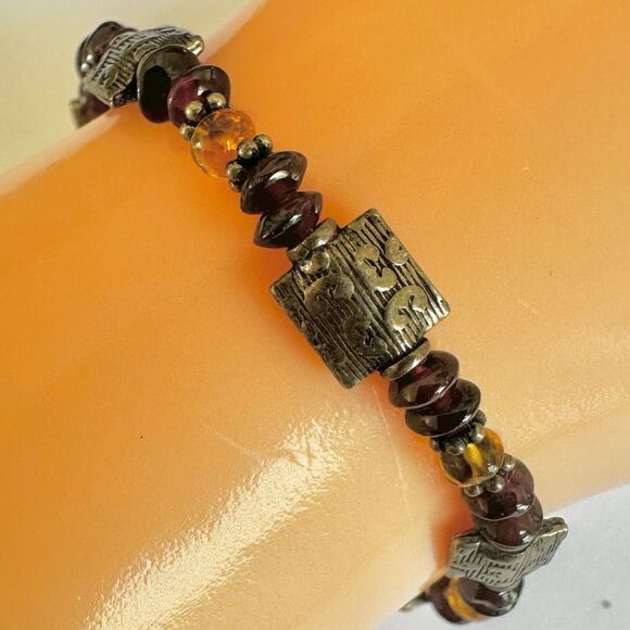 Sterling Silver Garnet & Amber Beaded Bracelet - Picture 2 of 11
